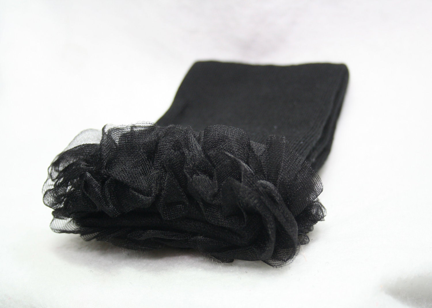 Adorable Black Leg Warmers With Black Chiffon Ruffles, Ruffled Black Leg Warmers