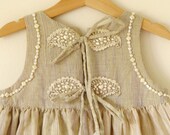 SALE-Boutique Beige/Brown girls dress in Indian Khadi cotton fabric-size- 3T girls 5 6 8- hand beaded