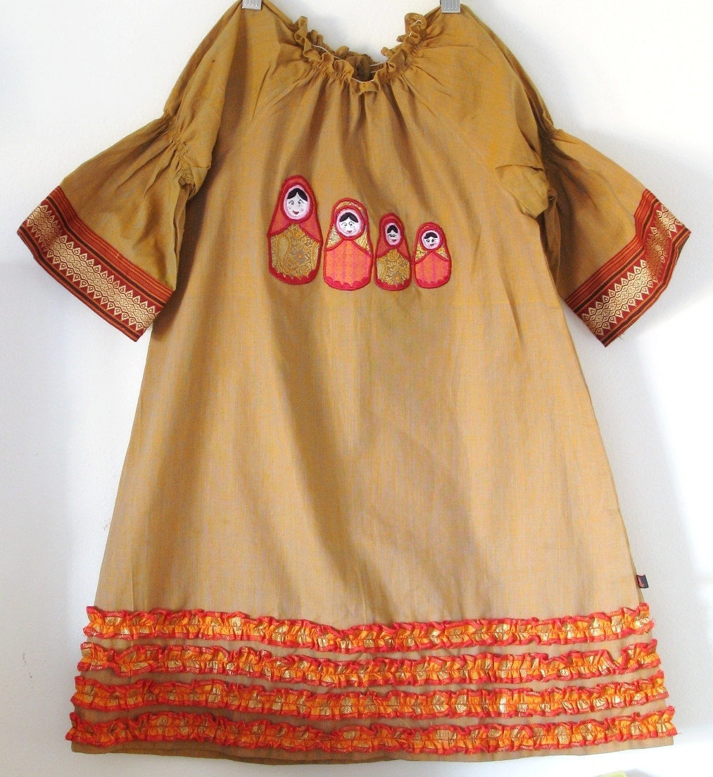 SALE-Boutique 'MATRYOSHKA- girls 6 7 -Mustard Tunic-Hand loom cotton with applique and ruffle