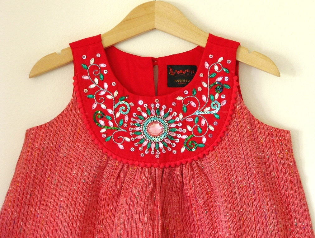 Boutique RED GOLA dress size 2T 4T girls 5 6 7 8- Intricate Indian hand embroidery on the Bib neck