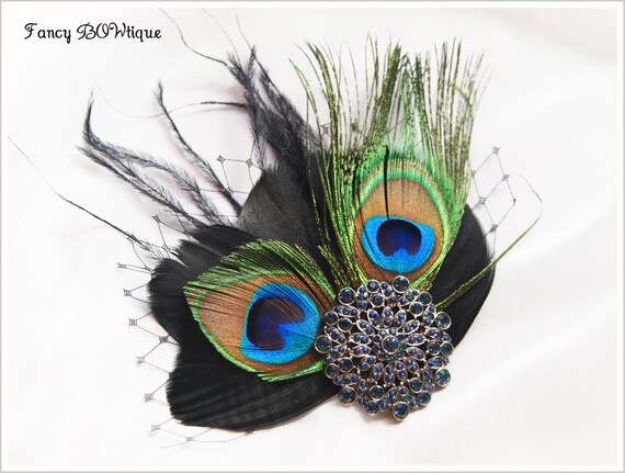 Art Deco 1920 Proms Party Ball Races Vintage Bridesmaid Head Piece Royal Blue Peacock Hair Clip Peacock Feather Fascinator--Loretta