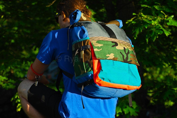 S A L E // Large Backpack -- Blue, Camo and Orange -- Limited Edition -- Ready to ship.
