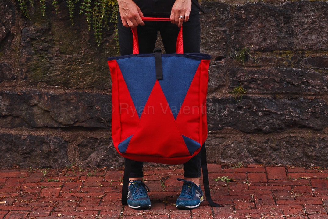 Transformer Backpack Tote -- red and blue -- made to order.