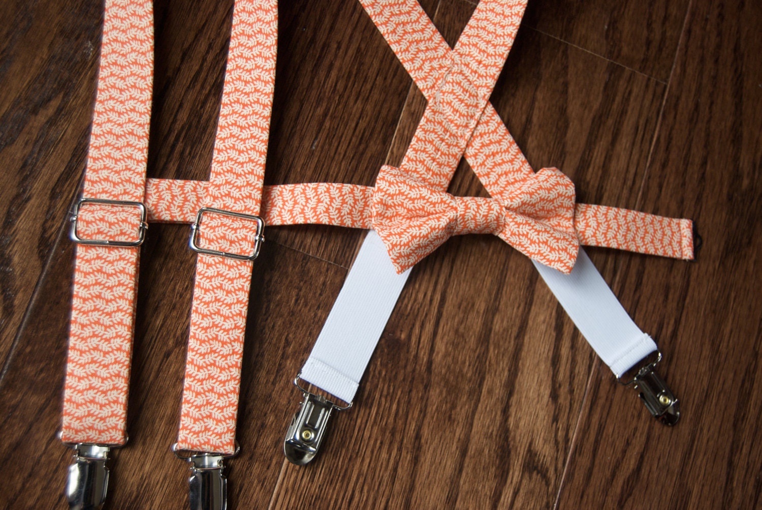 Bow Tie & Suspenders Set - Tangerine Ivory Vines Orange - Baby Toddler Child Boys - Wedding