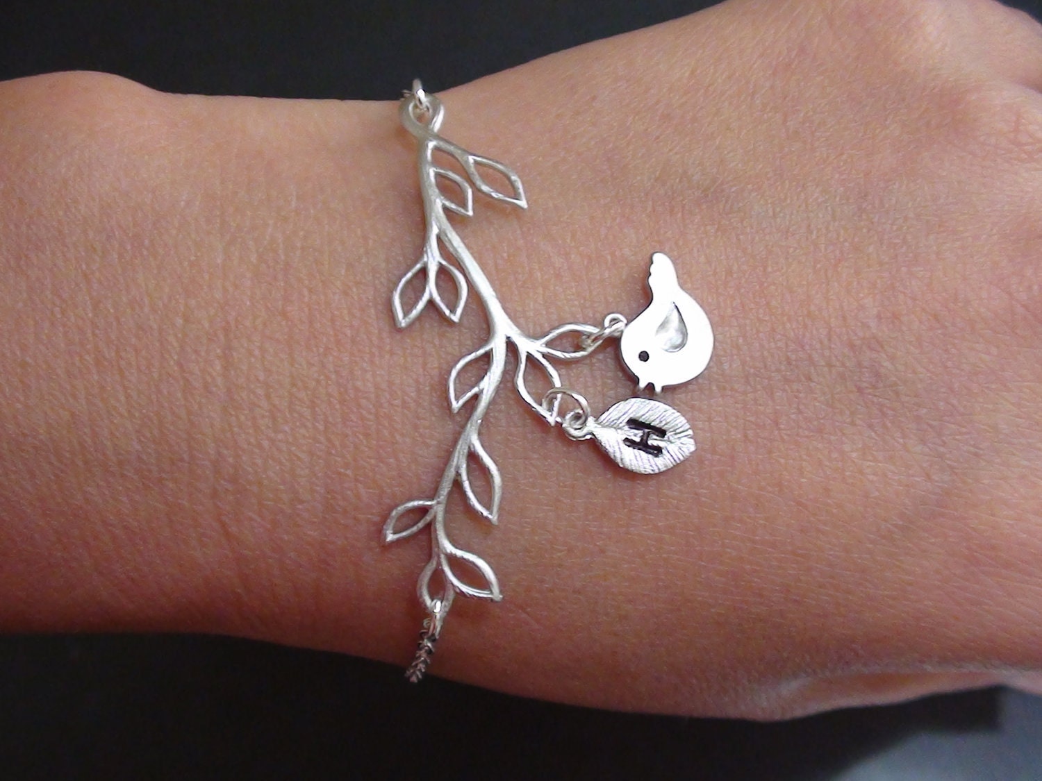 Sale-Personalized Initial-Wild Grass Pendant And Lovely Bird With Initial Leaf - white gold plated bracelet