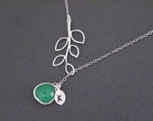 Sale-Personalized Initial-Five Leaf Branch And Fancy Drop Opal Green Pendant With Initial Leaf-White Gold Plated Lariat Necklace