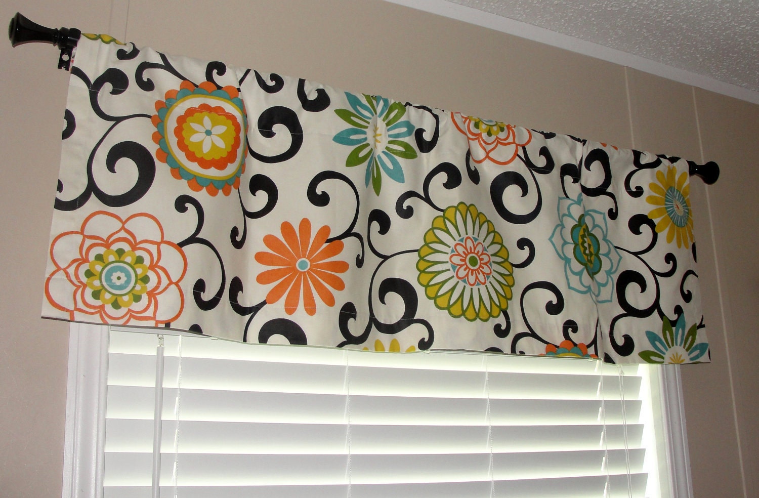 Waverly Pom Pom Play Confetti Valance 50" wide x 16" long Big Bold Flowers Lined with Cotton Muslin Orange Green Turquoise Yellow Black