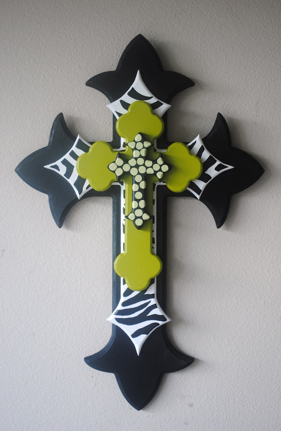 Large Lime Green, Black, and Zebra Print Wood Cross
