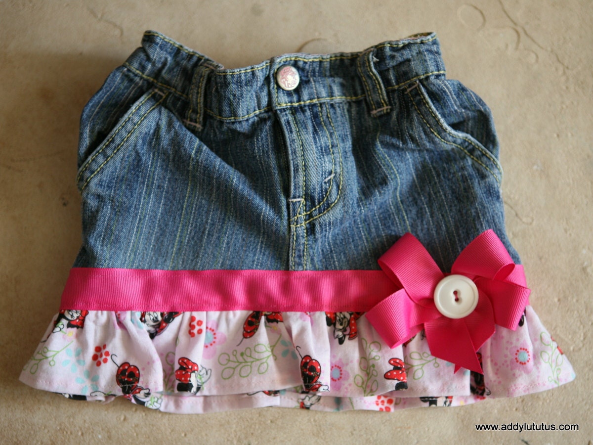 SALE, NOW 33% OFF:   6-9 month Up-cycled jean skirt with Minnie fabric and hot pink ribbon
