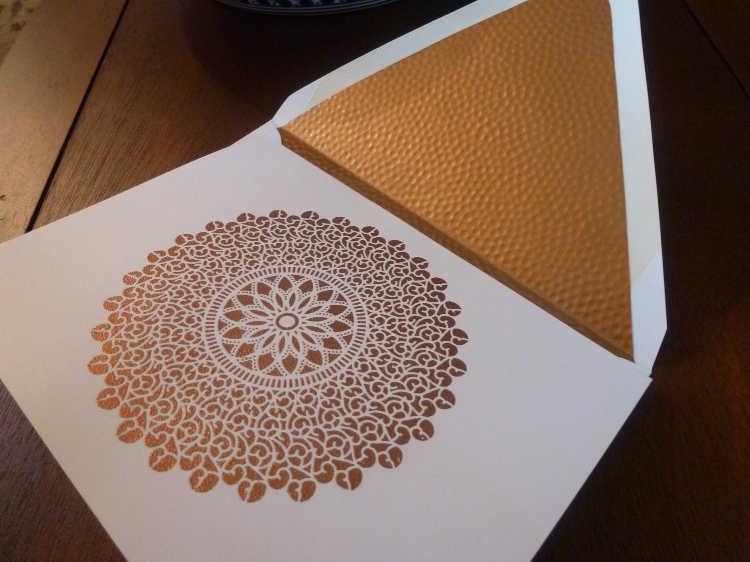 Exotic Lace: Moroccan Inspired Bronze.  Set of four hand embossed cards with lined envelopes.