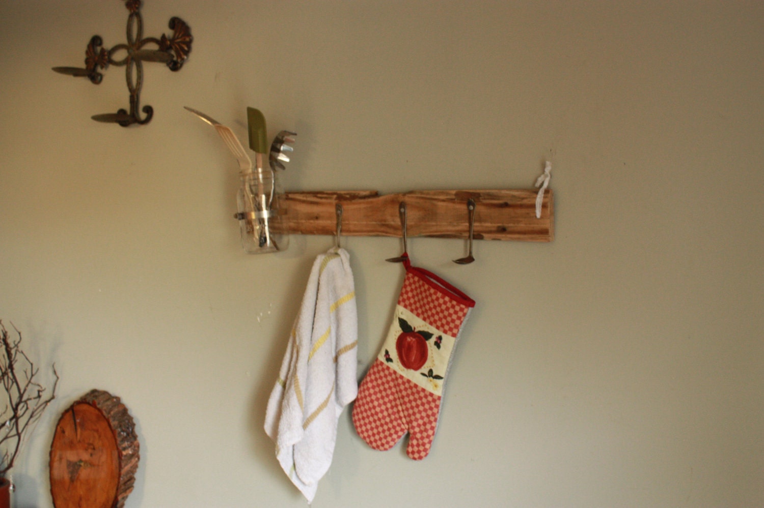 Rescued Pallet Wood - Wall Hanging - Storage for Kitchen Utensils -Flower Vase - Salvaged Mason Jar - Spoon Hooks