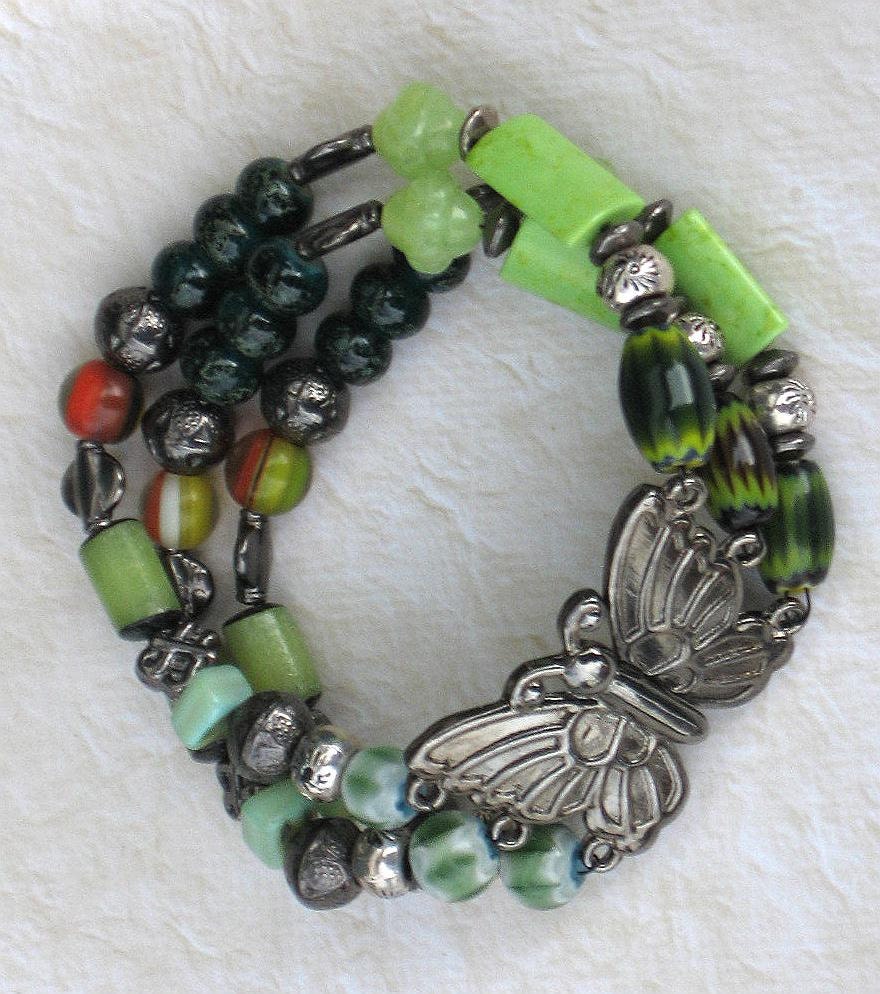 Gun Metal Gray Butterfly Clasp with Green Glass and Stone Bracelet