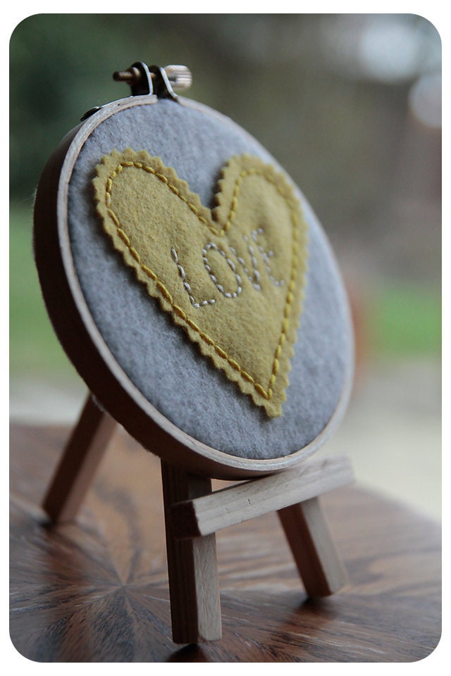 Embroidery Hoop Art. Yellow Felt Heart Embroidered with LOVE. Wall Hanging by Catshy Crafts