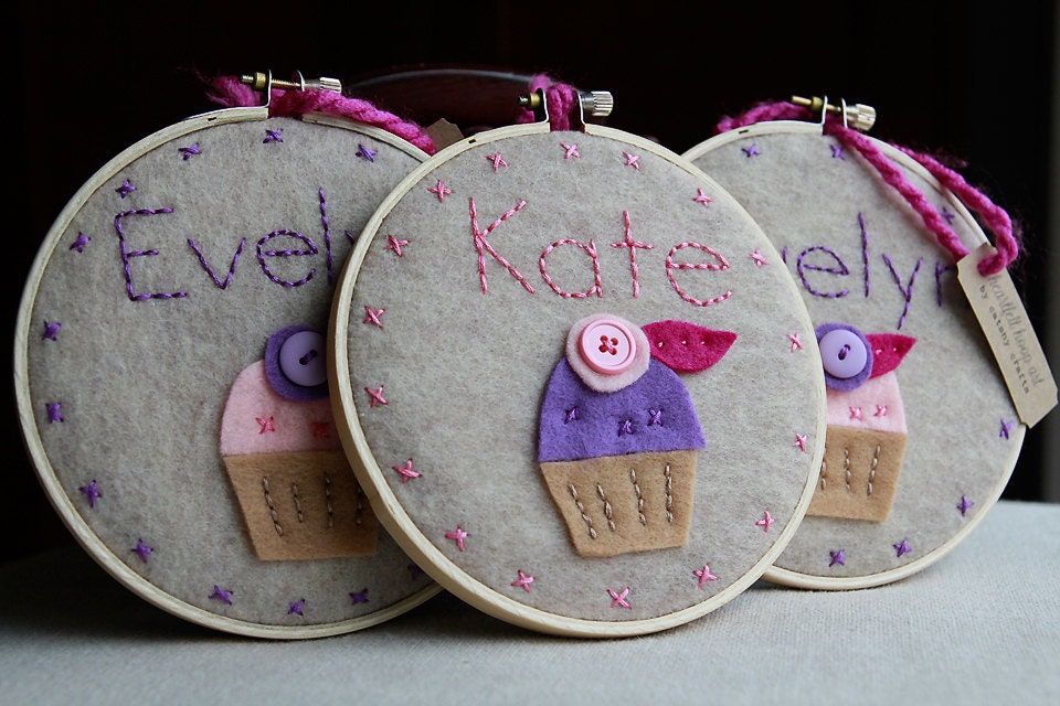 Personalized Embroidery Hoop Art. 5.5 inch. Embellished Felt Cupcake. Nursery Decor By Catshy Crafts
