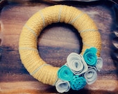 Yarn Wreath with Dimensional Felt Flowers. Mustard Yellow Yarn with Grey and Teal Flowers by Catshy Crafts