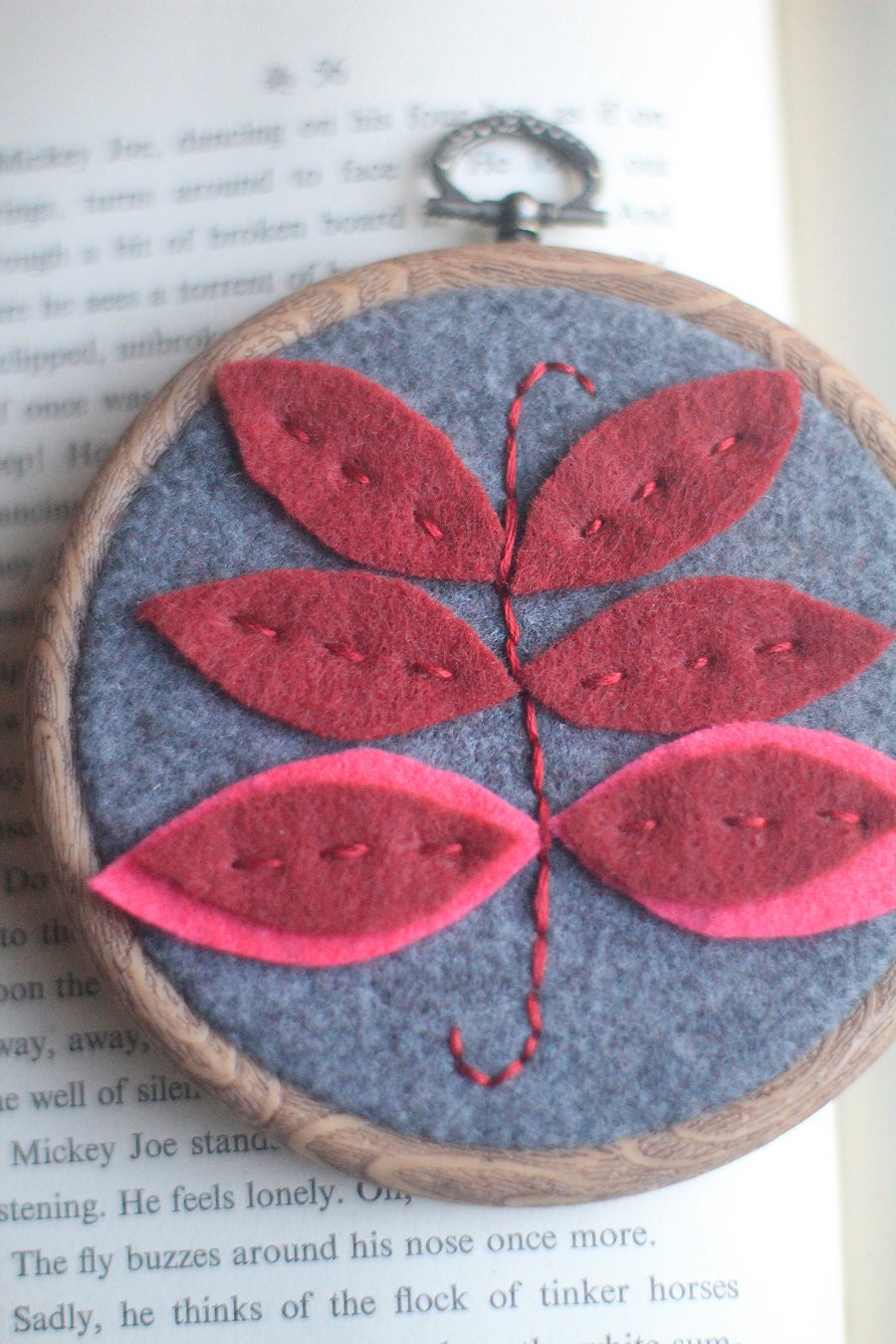 Embroidery Hoop Art, Felt red leafed botanical, Wall Hanging by Catshy Crafts