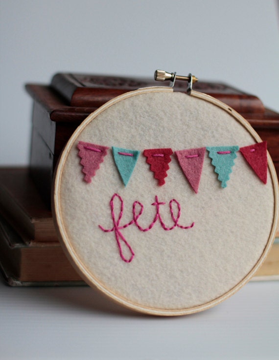 Embroidery Hoop Art. Hand-Embroidered Mini Bunting. Bonne Fete. Wall Decor by Catshy Crafts