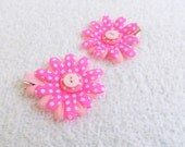 Pink Hair Clips - Buttons & Flowers - set of 2
