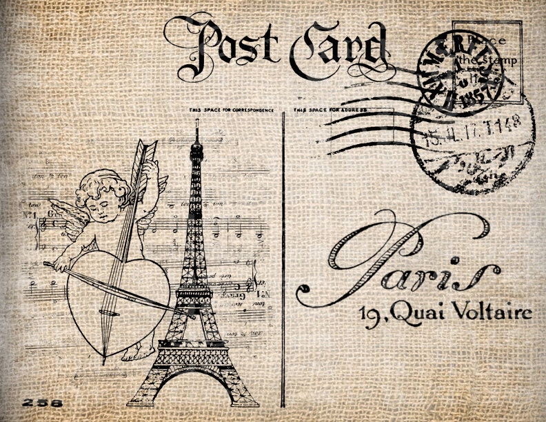 Antique Post Card Cherub Valentine France French Paris Illustration Digital Download for Papercrafts, Transfer, Pillows, etc No 5547
