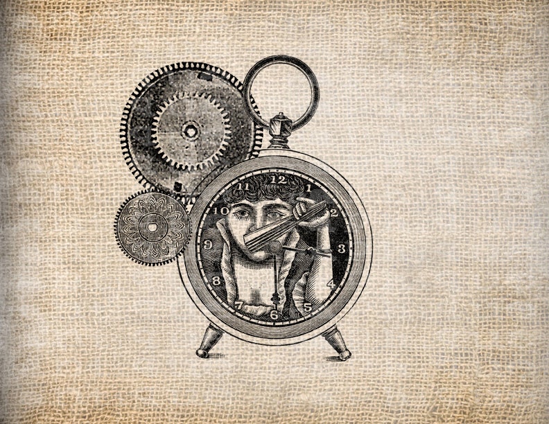 Antique Steampunk Gears Clock Victorian Funny Odd Unusual Digital Download for Papercrafts, Transfer, Pillows, etc Burlap No. 5039