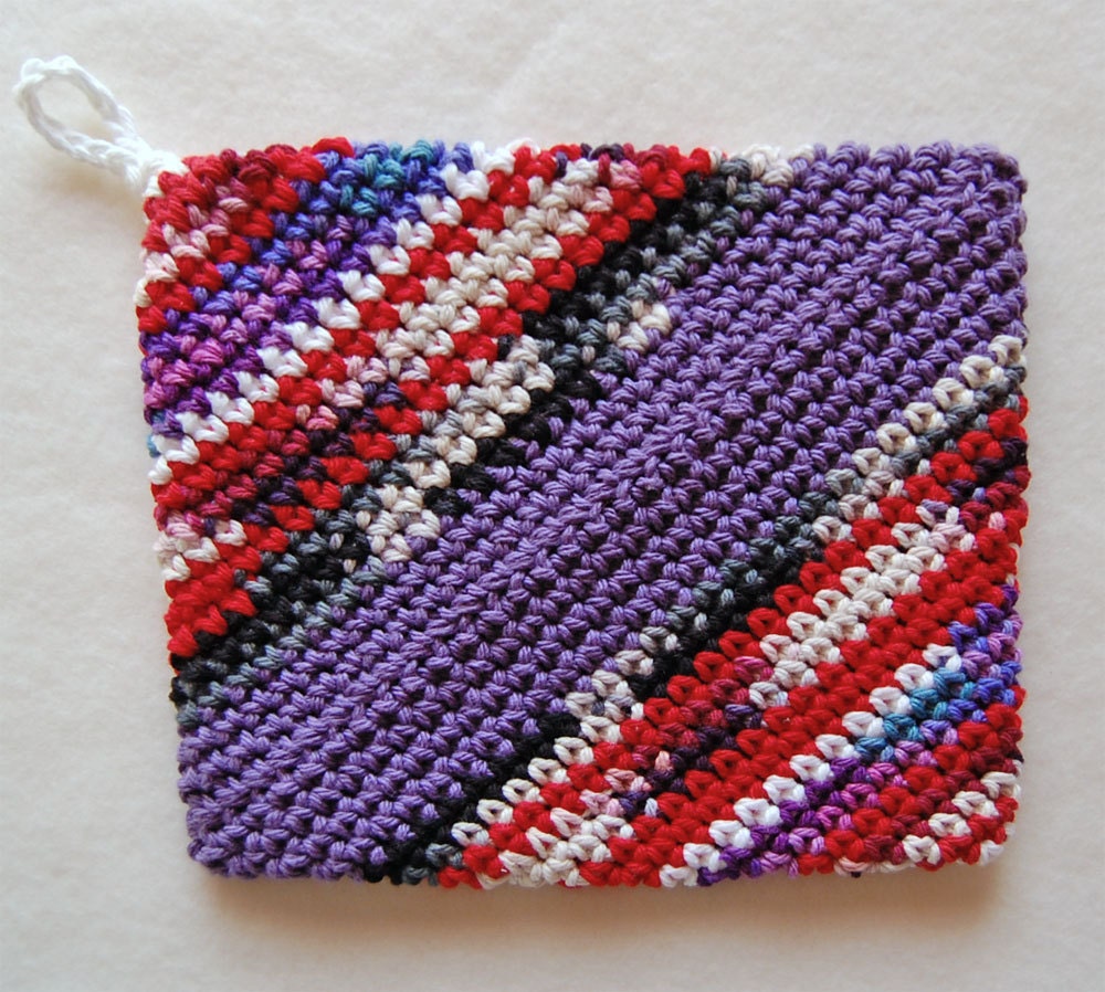 Crochet Hot Pad, Pot Holder - Cotton - Red and Purple Scrappy Stripes