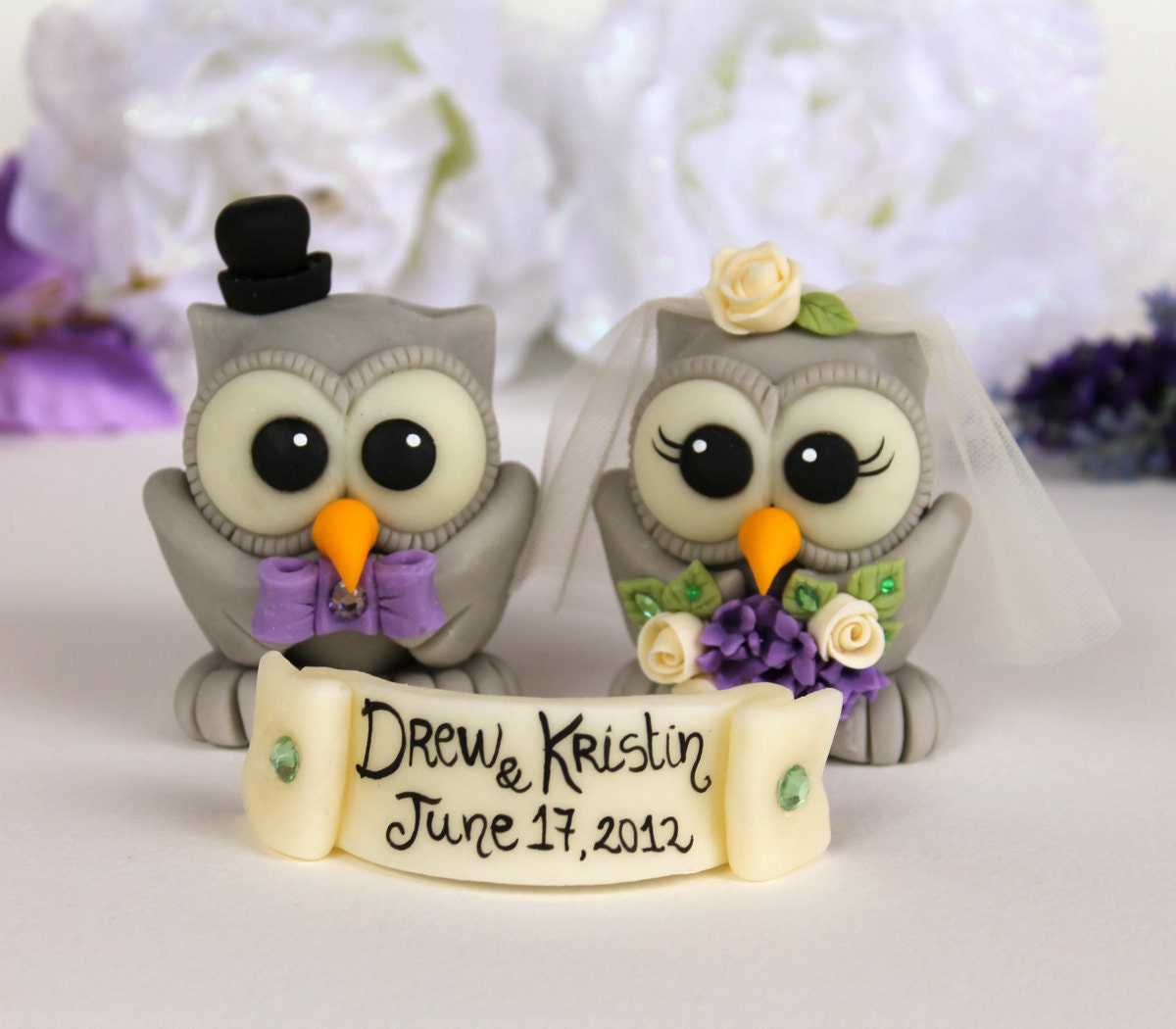 Custom wedding cake topper love bird grey owl personalized with banner
