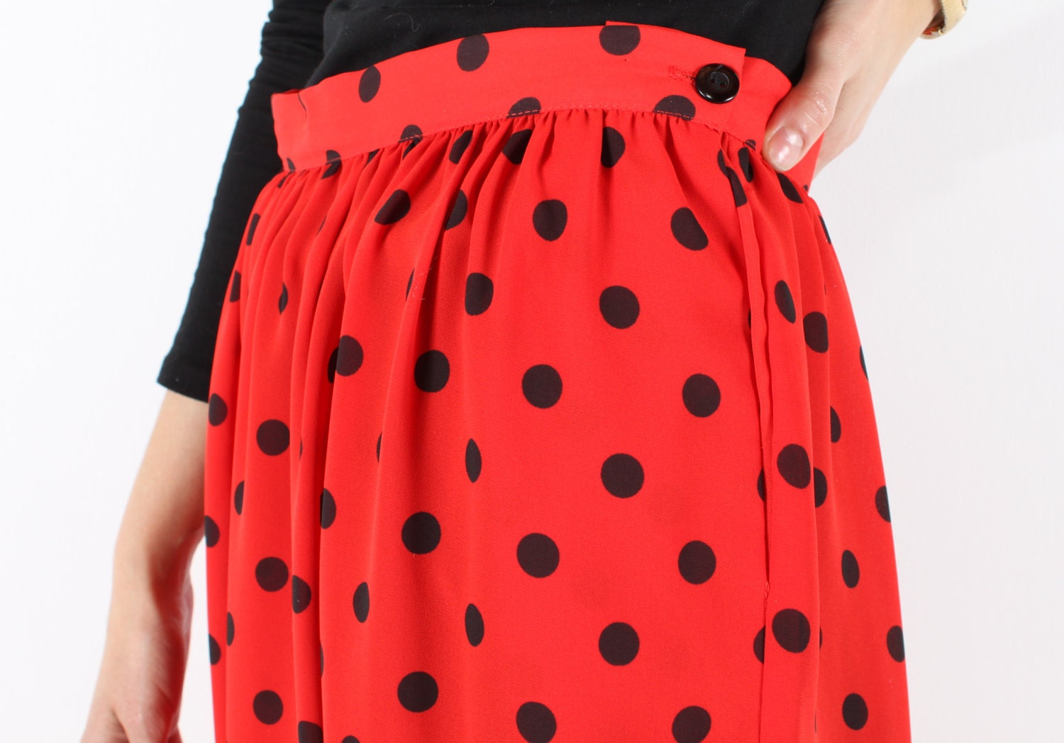 Vintage 80s // polka dot skirt // semi sheer red and black  //  flowy pleated  // small medium