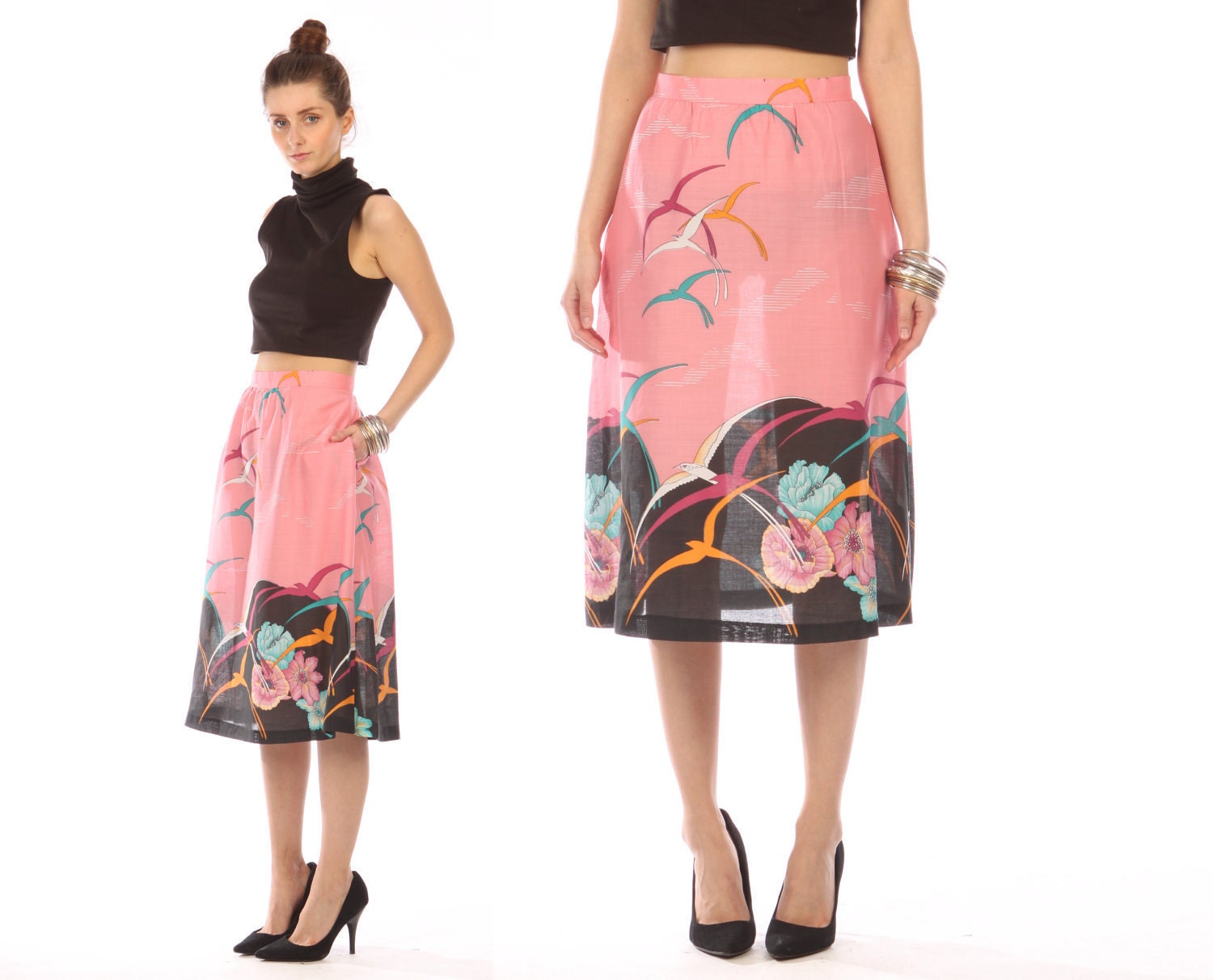 summer skirt midi // bird print // pink // vintage 80s // tropical novelty motif // semi sheer // medium