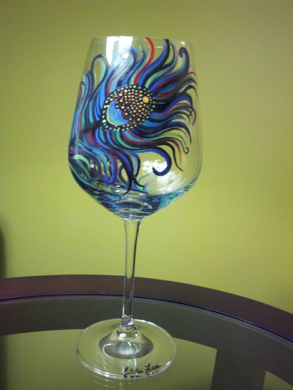 Hand Painted Wine Glass: Original Peacock Feather Blue-Black-Multicolor