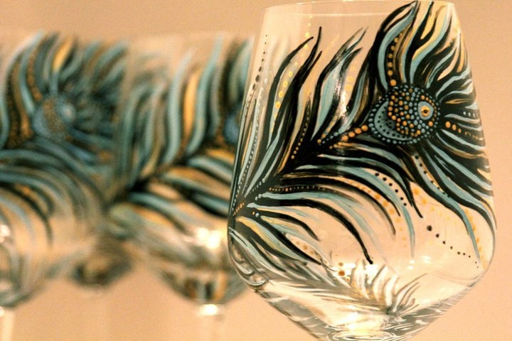 set of 4- Hand Painted Wine Glass: Peacock Design Black-Gold-Turqouise