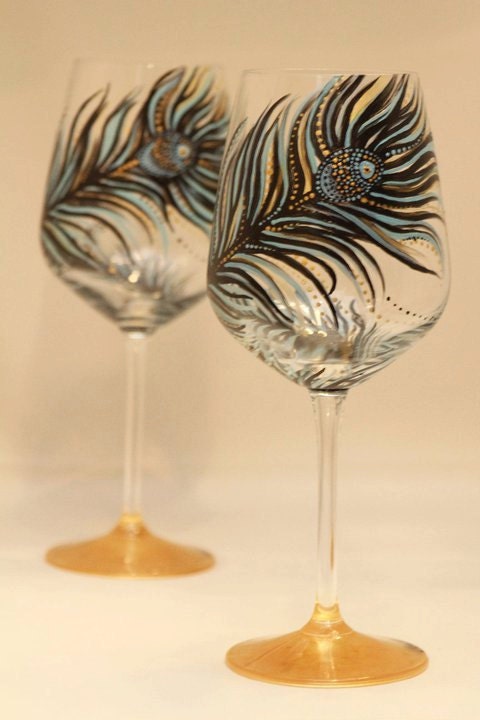 set of 4- Hand Painted Wine Glass: Peacock Design Black-Gold-Turqouise