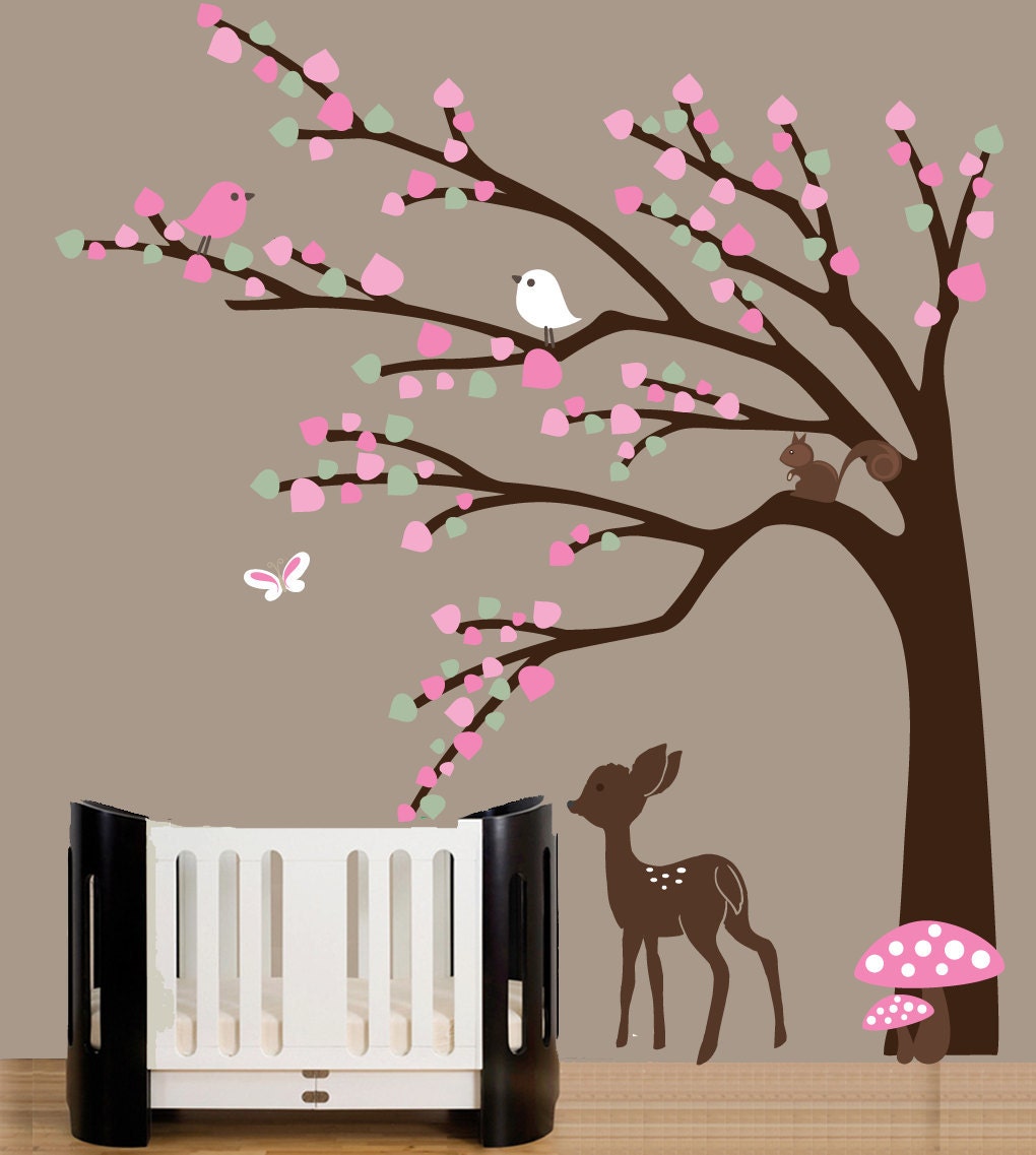 Baby nursery forest wall art decal with baby deer decal, birds, squirrel decals, fawn decal -