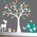 Nursery wall decals white owl tree - elephant, deer, owls, and birds - patterned leaves -