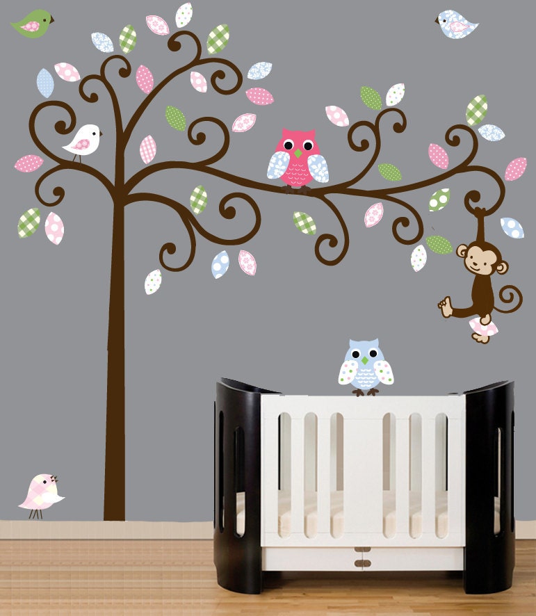 Childrens swirl tree wall decal - patterned owls, birds and leaves