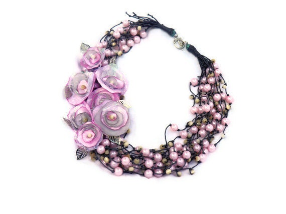 Beaded Necklace with Pink  flowers/ 11 Strands/ Brides necklace/ summer fashion/ pink/  ready to ship - Marywool