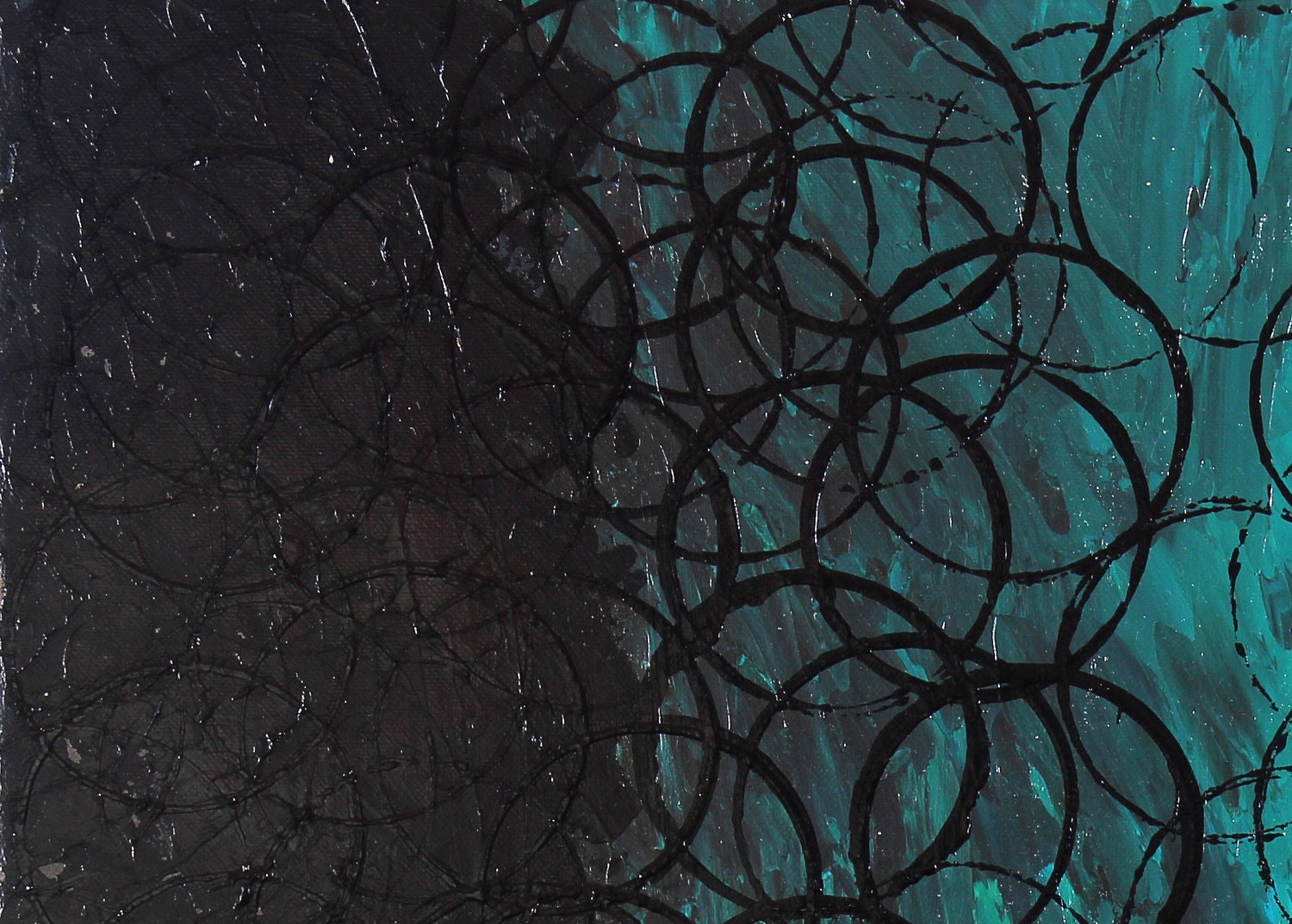 Original Modern Abstract Black and Teal Circles 20x20
