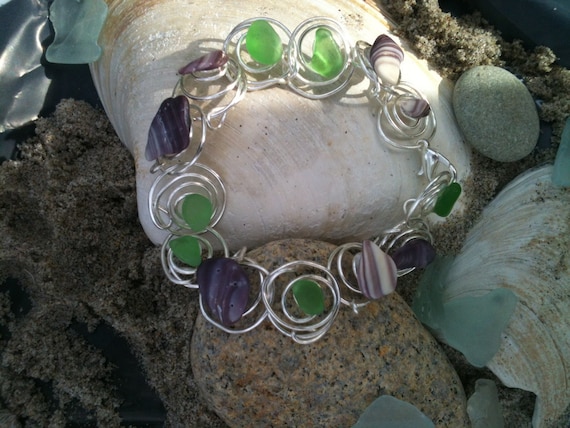 Purple Wampum, Green Seaglass Coil Bracelet