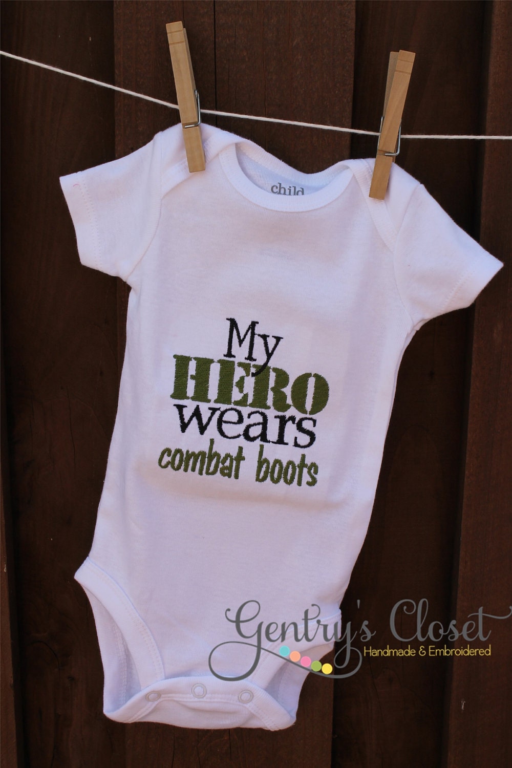 Baby Girl or Boy Onesie - My Hero Wears Combat Boots - Embroidered Infant Bodysuit Outfit. Soldier, Military. Handmade