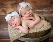 Newborn baby photography prop-2 white elastic lace bow headbands, baby shower gift, baby photo prop, crocheted halo or photography prop