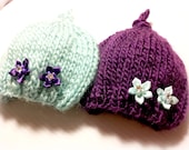 2 baby girl twins knitted pixie tail hats in aqua and plum purple, twin infant hats,newborn photography prop, baby beanie