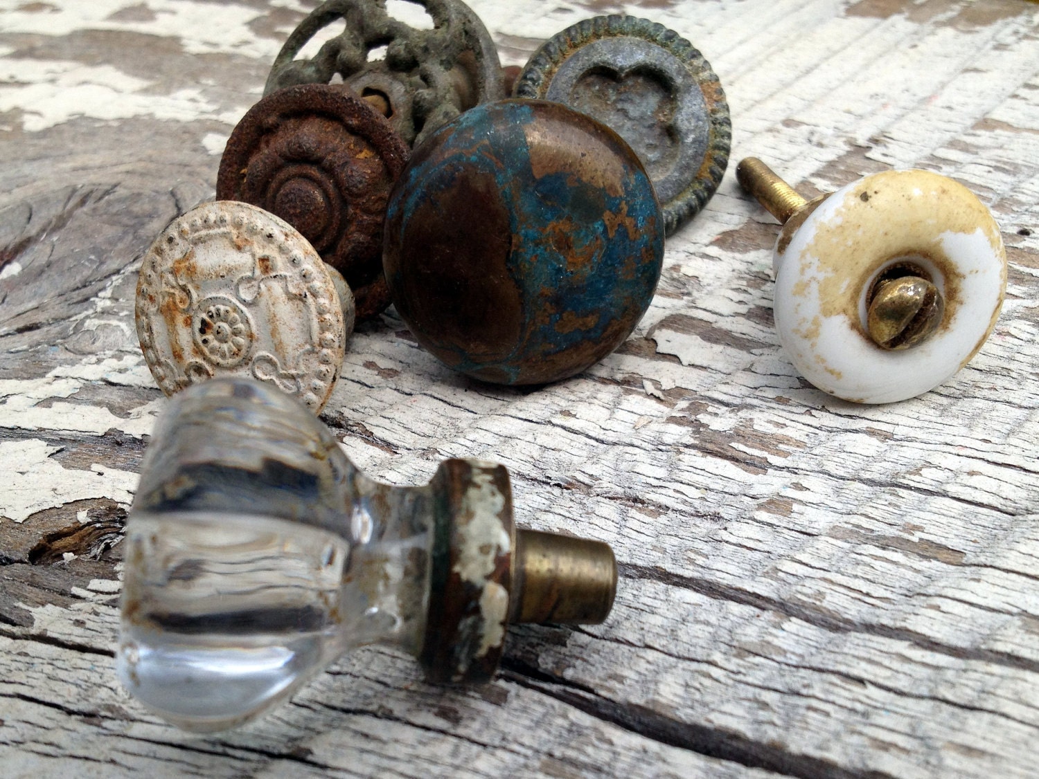 Eclectic Collection of 7 (Seven) Knobs / Mixed Metals, Porcelain, Glass / Antique and Vintage Knobs Untouched