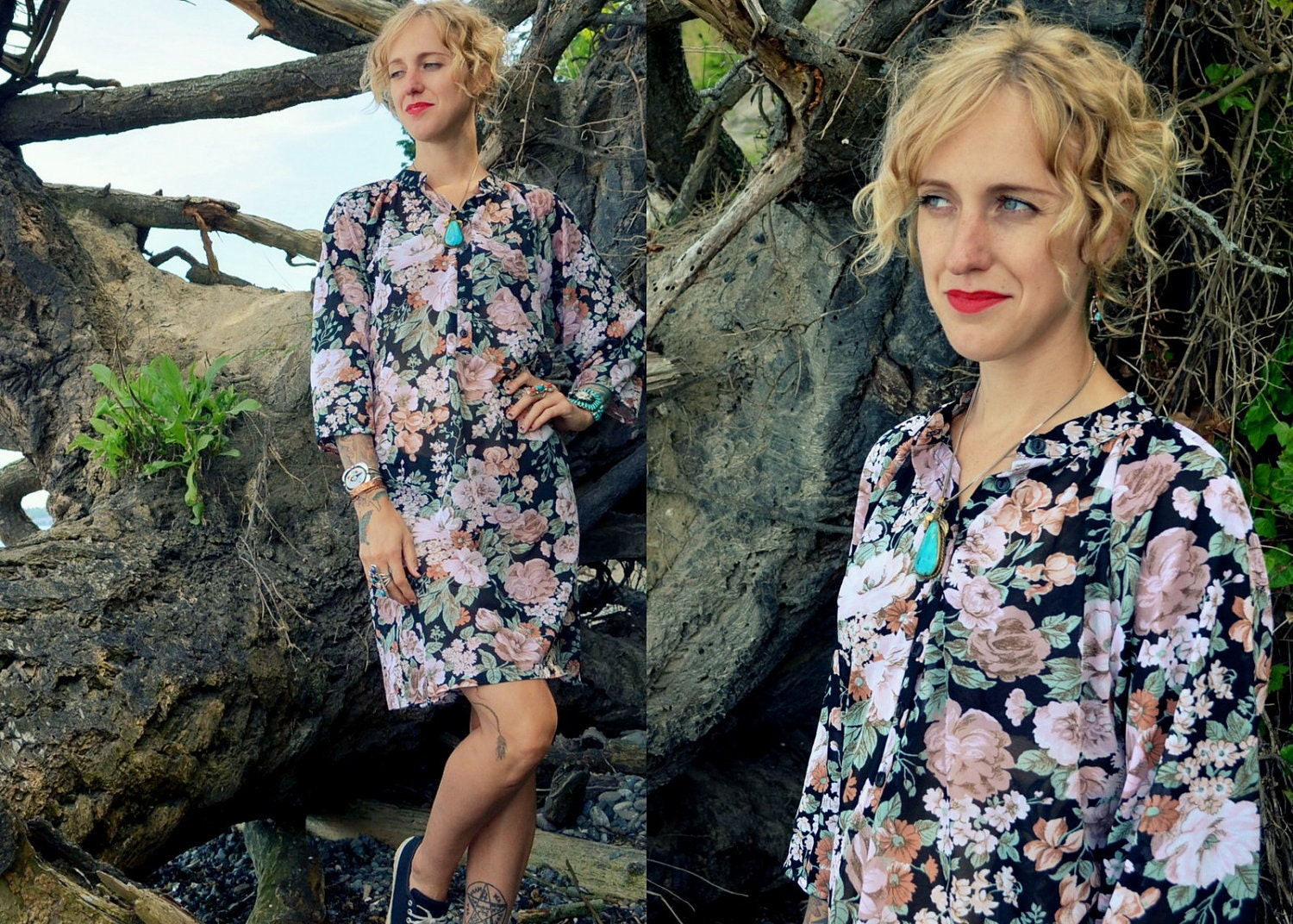 70s Sheer Chiffon Dusty Rose Floral Drape Dress