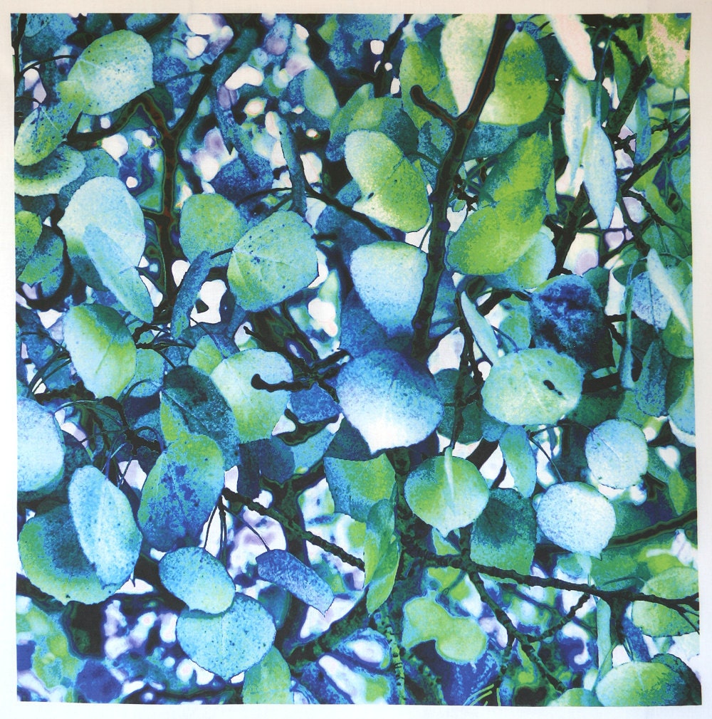 Cotton Fabric Aspen Leaves Blue Green Tree Branches 17 x 17 inches