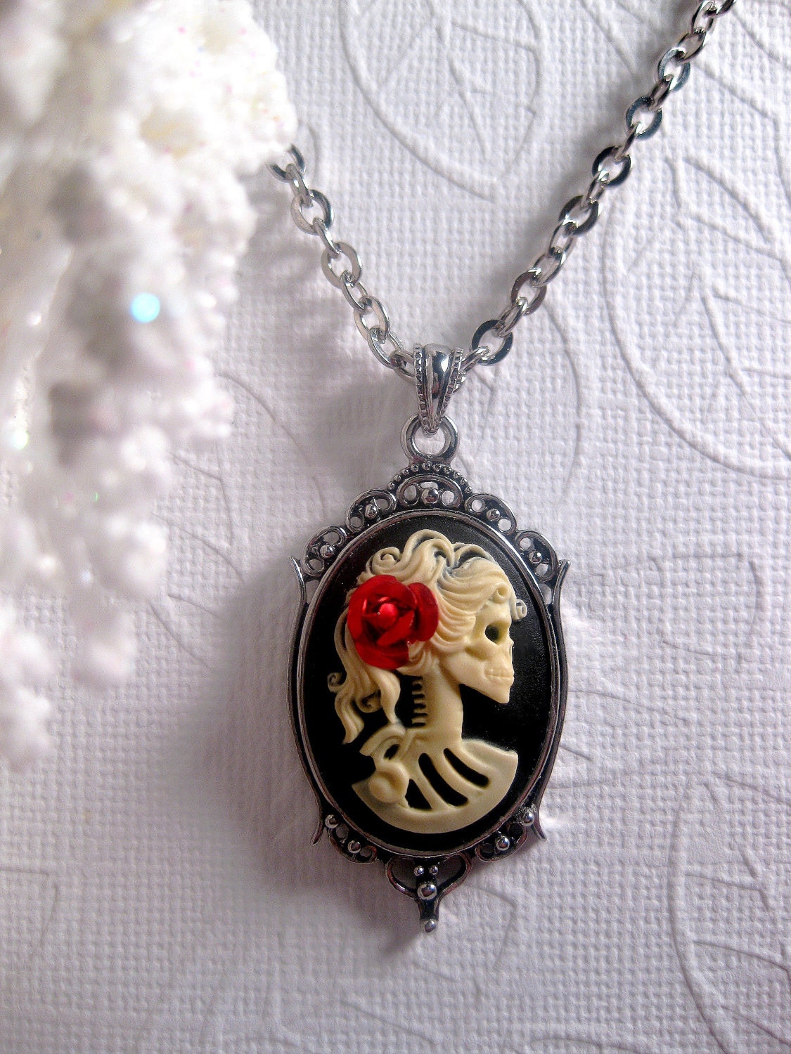 Romantic Gothic Fantasy Skull Or Skeleton Necklace With Red Rose - Cameo