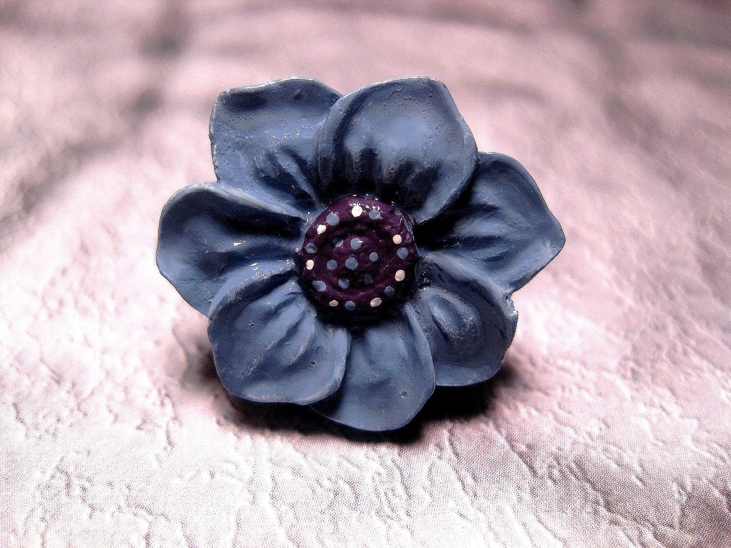 Large Blue Flower Polka Dot Adjustable Ring