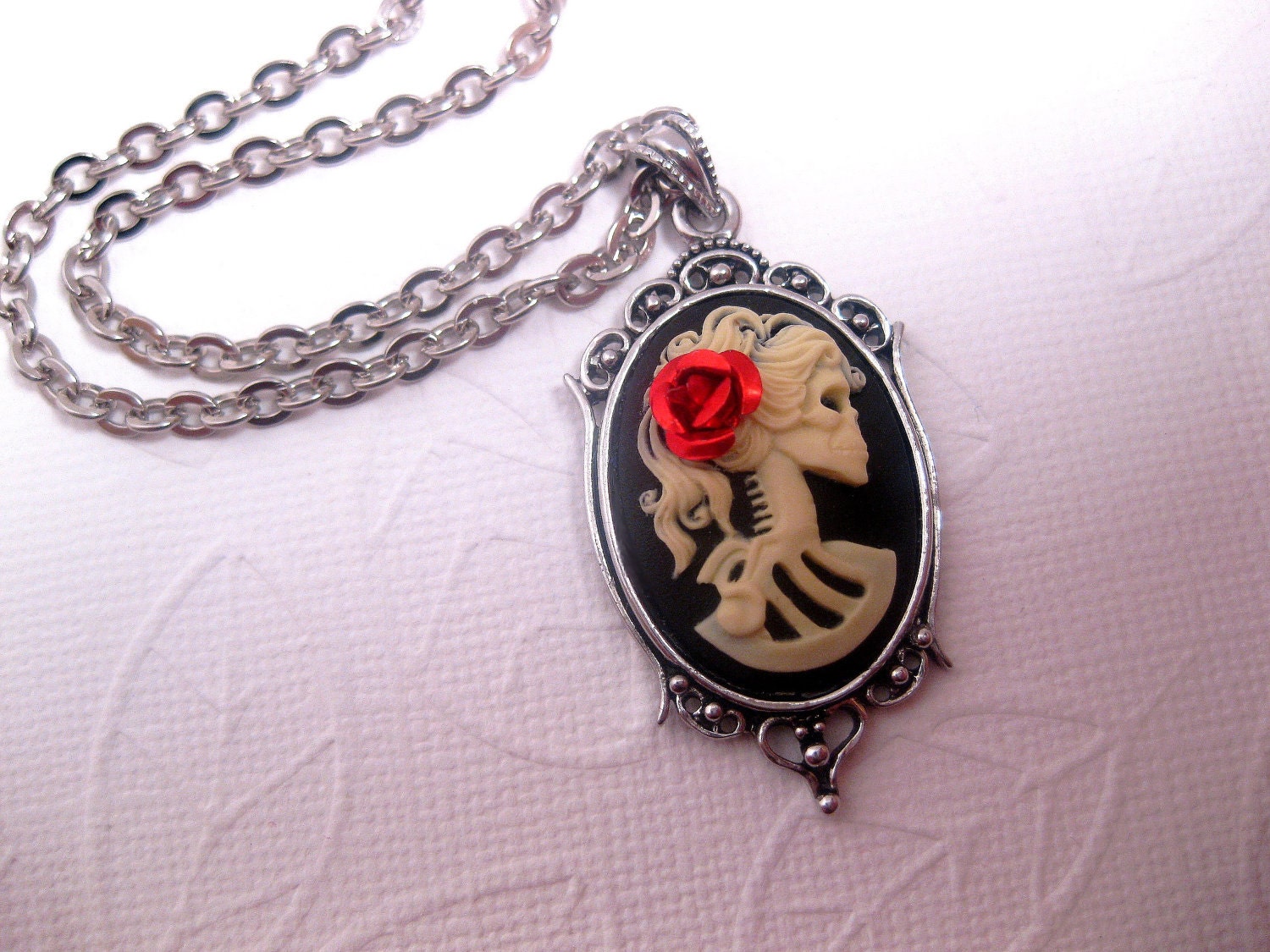 Romantic Gothic Fantasy Skull Or Skeleton Necklace With Red Rose - Cameo