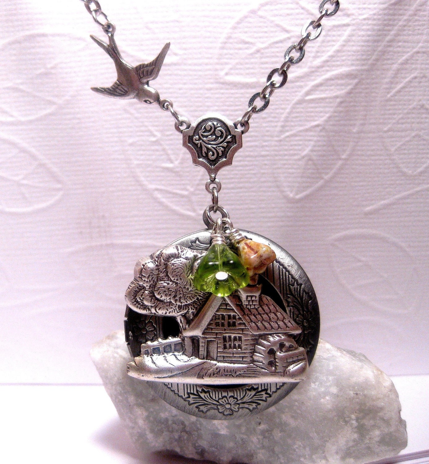 Country Home Silver Locket Necklace With Bird And Green