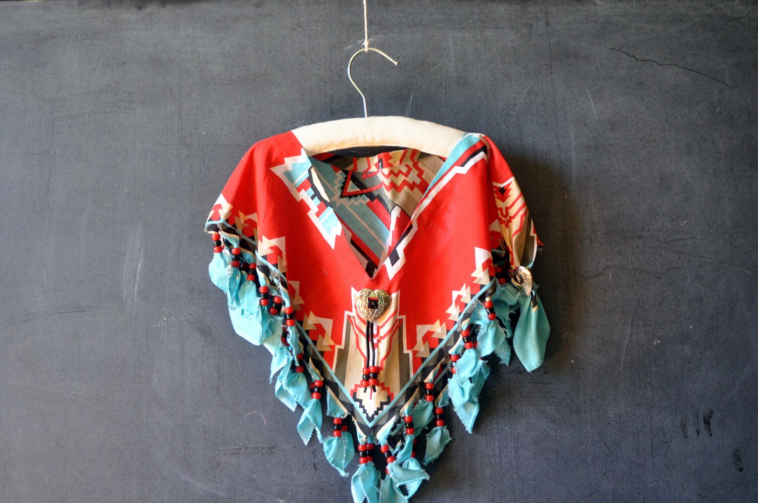handmade southwestern shawl/cover-up/vest, red, tan and turquoise, handkerchief - LaDiDottie