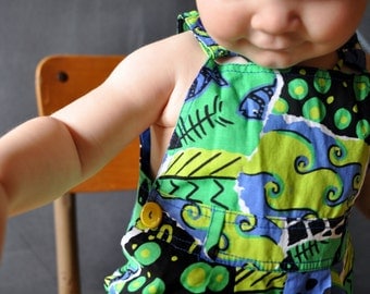 rad bright green, blue and black shortalls, size 12 months for boy or girl