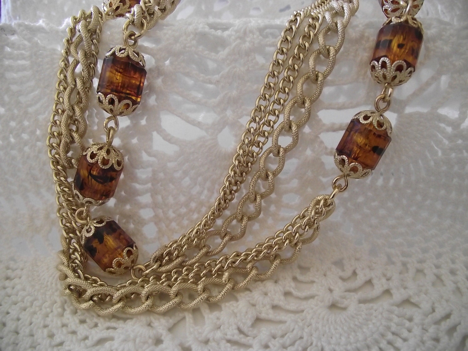 Vintage Necklace Sara Coventry Amber beads multi gold chain 50" long